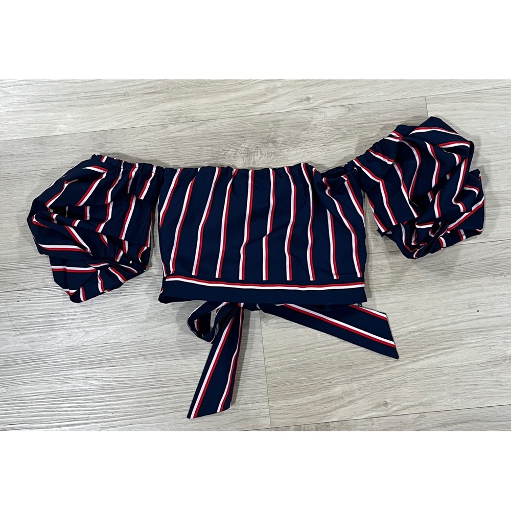 Windsor Navy and Red Striped Off-Shoulder Top